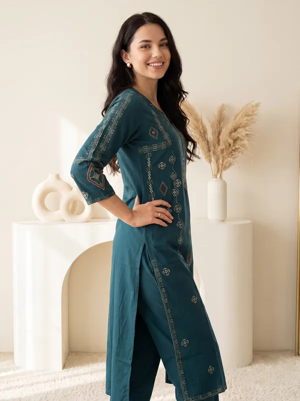 Teal_Embroidered_Pure_Cotton_Kurta_Trouser_Dupatta_Set
