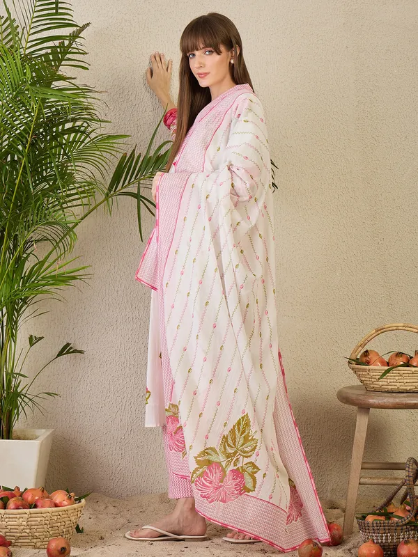 White_Printed_A-Line_Kurta_Trousers_With_Dupatta_Set