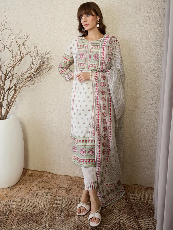 White_Pure_Cotton_Printed_Kurta_Trouser_Dupatta_Set