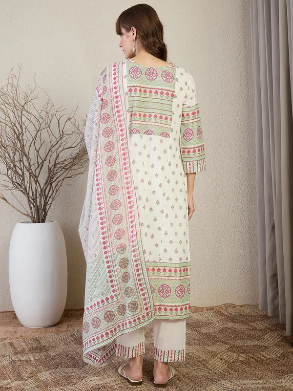 White_Pure_Cotton_Printed_Kurta_Trouser_Dupatta_Set