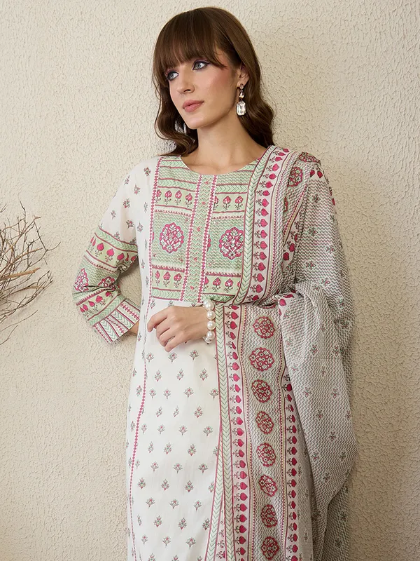 White_Pure_Cotton_Printed_Kurta_Trouser_Dupatta_Set