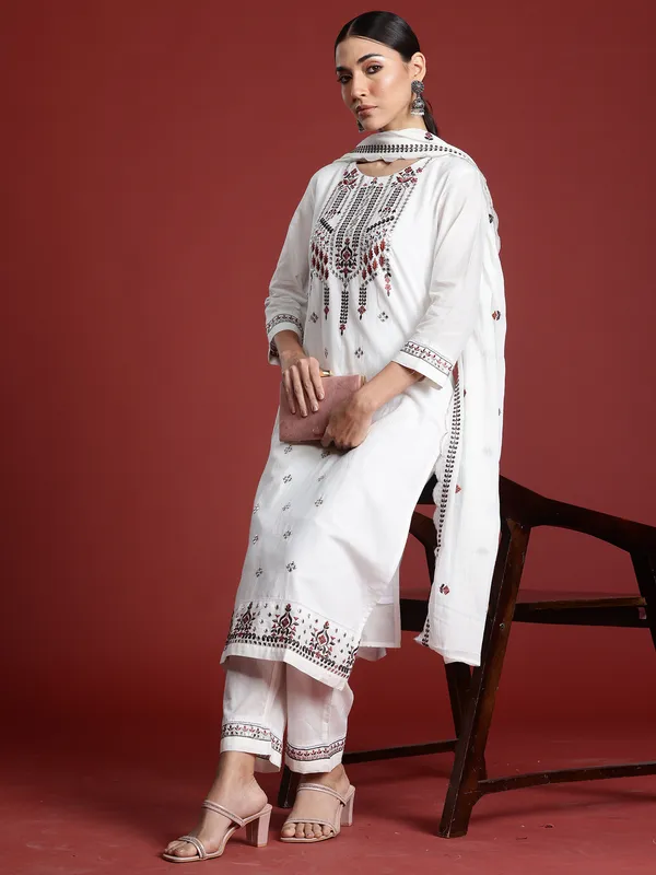 White_Embroidered_Pure_Cotton_Kurta_Trouser_Dupatta_Set