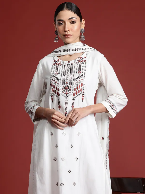 White_Embroidered_Pure_Cotton_Kurta_Trouser_Dupatta_Set