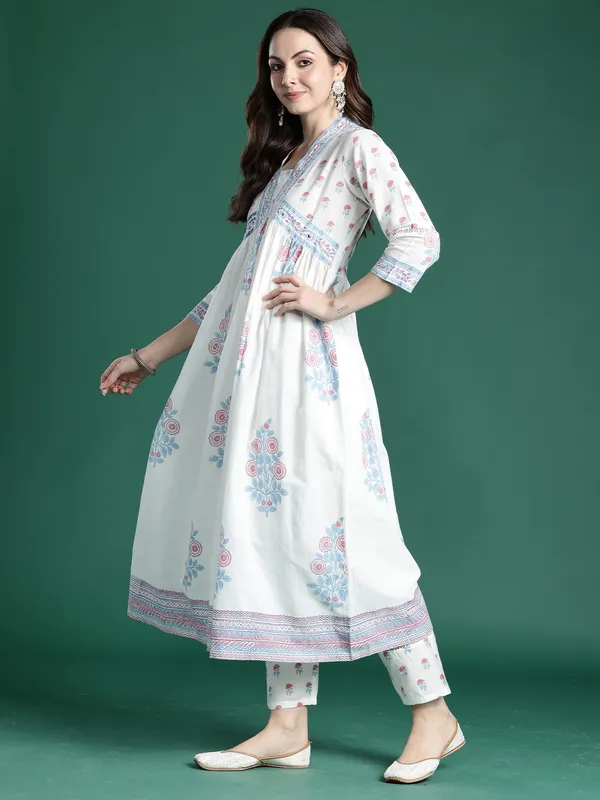 White_Printed_Pure_Cotton_Kurta_Trouser_Dupatta_Set