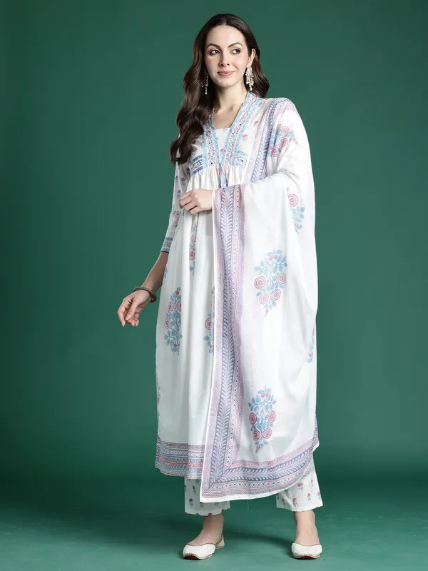 White_Printed_Pure_Cotton_Kurta_Trouser_Dupatta_Set