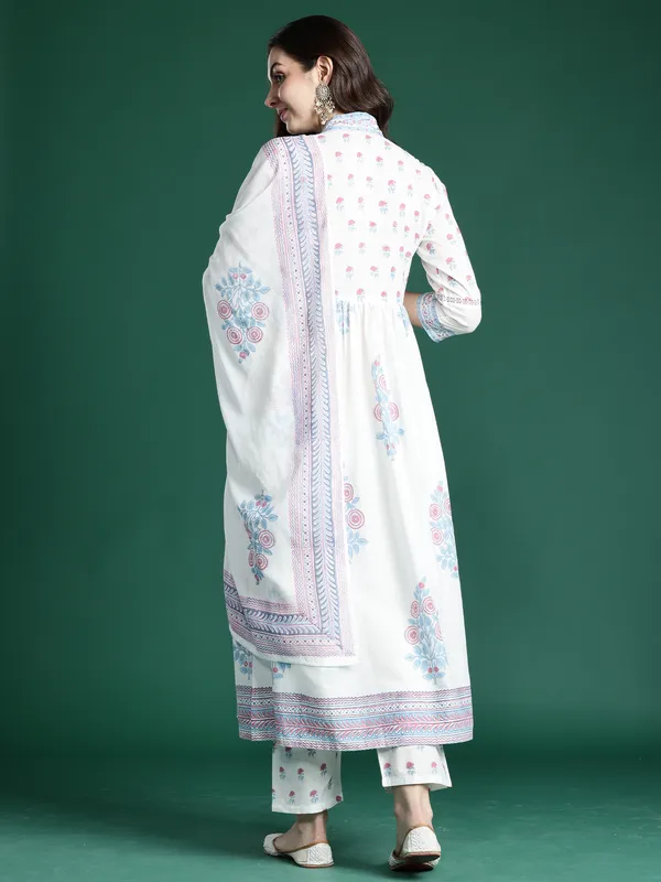 White_Printed_Pure_Cotton_Kurta_Trouser_Dupatta_Set