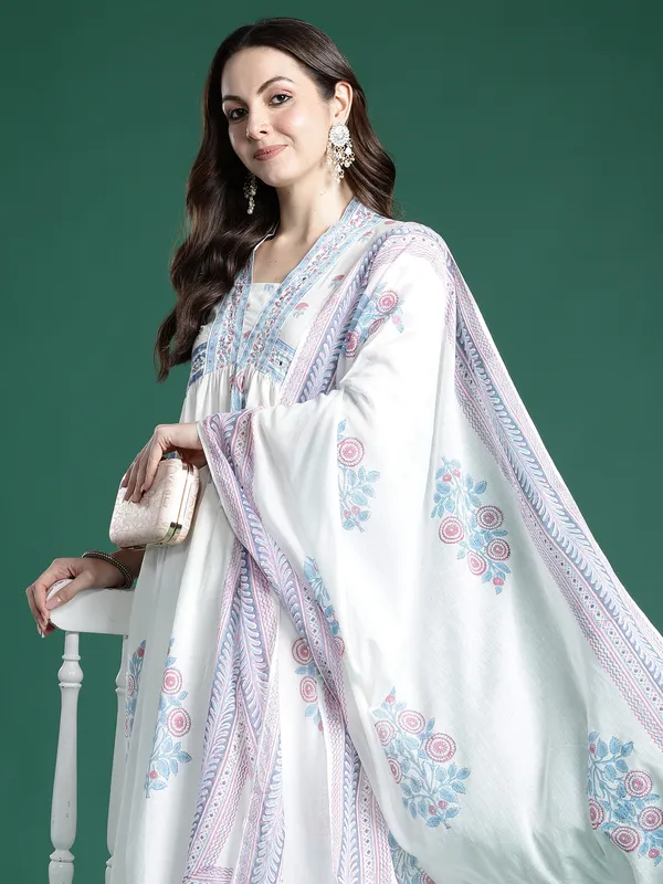 White_Printed_Pure_Cotton_Kurta_Trouser_Dupatta_Set