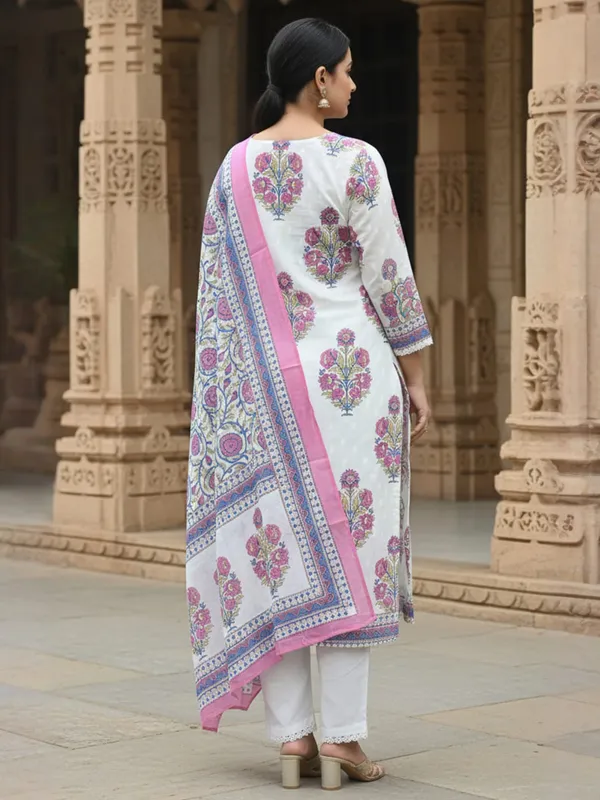 White_Printed_Pure_Cotton_Kurta_Trouser_Dupatta_Set
