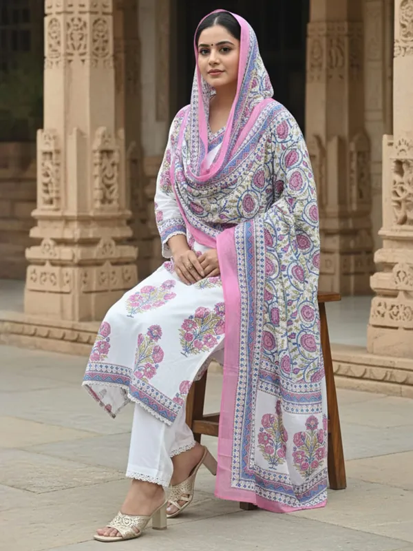 White_Printed_Pure_Cotton_Kurta_Trouser_Dupatta_Set
