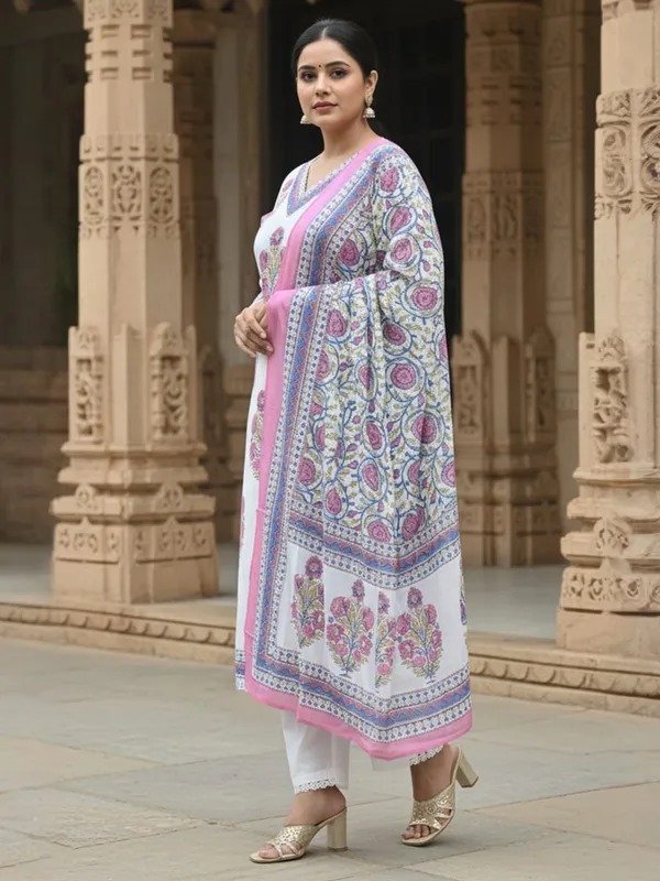 White_Printed_Pure_Cotton_Kurta_Trouser_Dupatta_Set