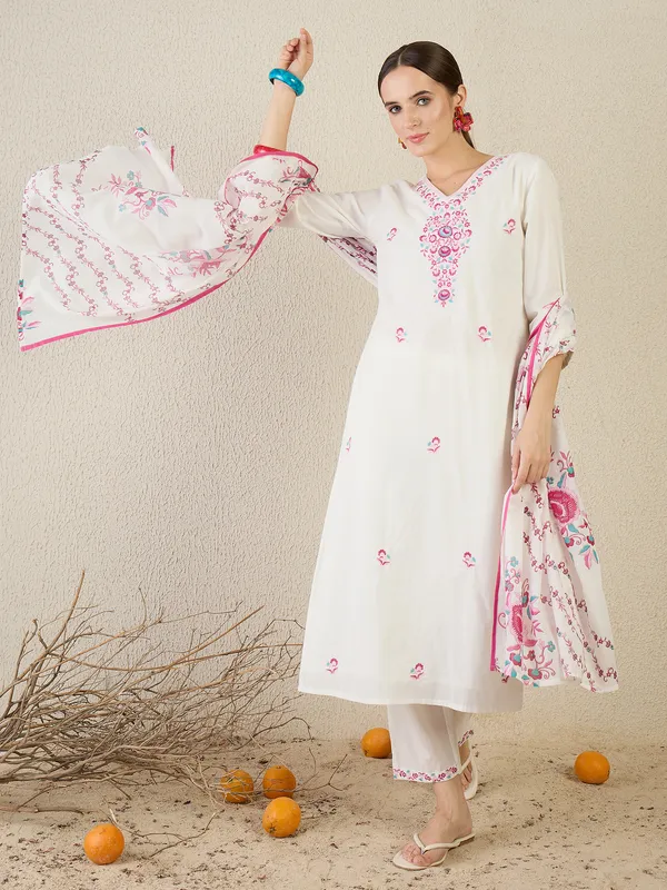 White_Embroidered_Pure_Cotton_Kurta_Trouser_Dupatta_Set