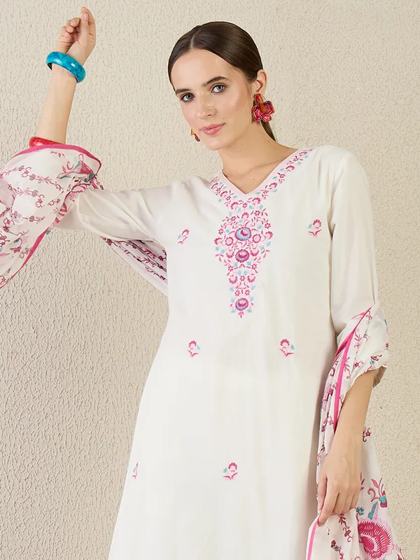 White_Embroidered_Pure_Cotton_Kurta_Trouser_Dupatta_Set