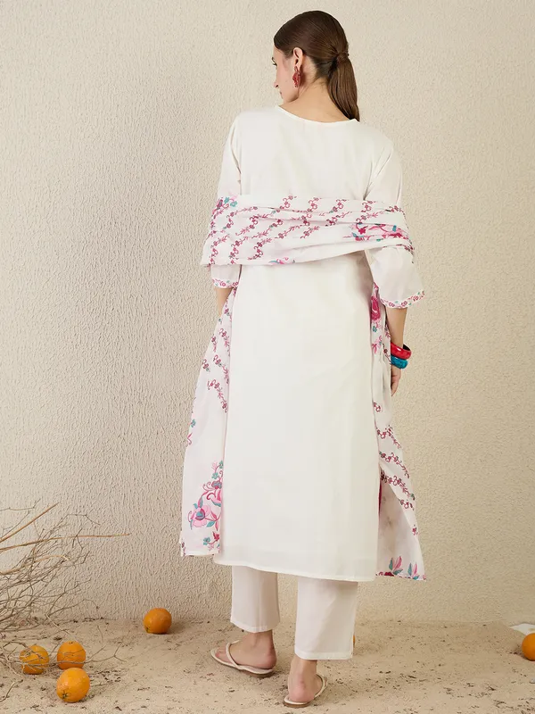 White_Embroidered_Pure_Cotton_Kurta_Trouser_Dupatta_Set