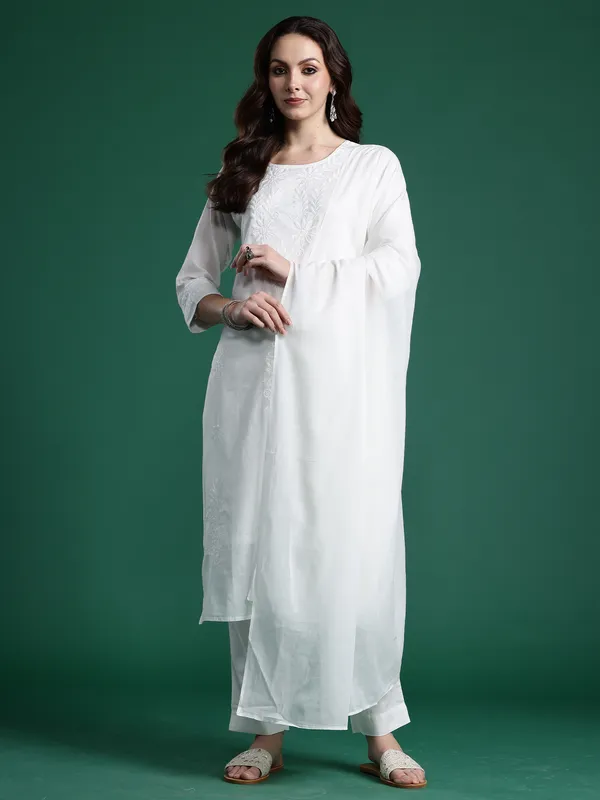 White_Pure_Cotton_Embroidered_Kurta_Trouser_Dupatta_Set