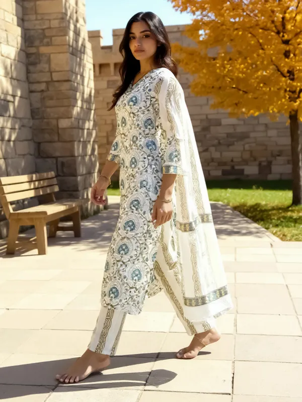 White_Printed_Pure_Cotton_Kurta_Trouser_Dupatta_Set