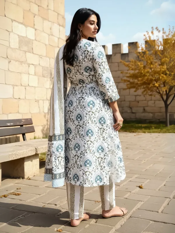 White_Printed_Pure_Cotton_Kurta_Trouser_Dupatta_Set