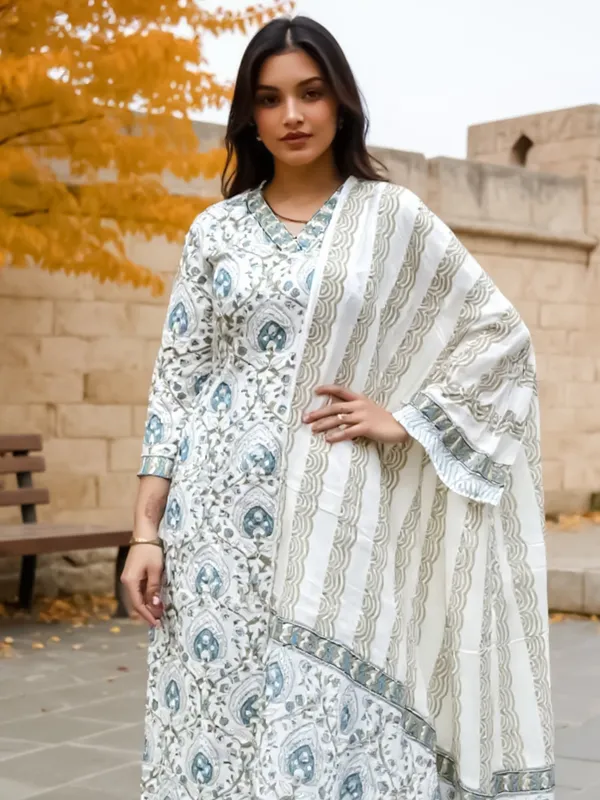 White_Printed_Pure_Cotton_Kurta_Trouser_Dupatta_Set