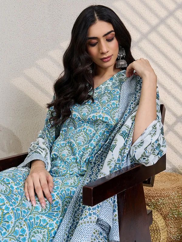 White_Printed_Pure_Cotton_Kurta_Trouser_Dupatta_Set