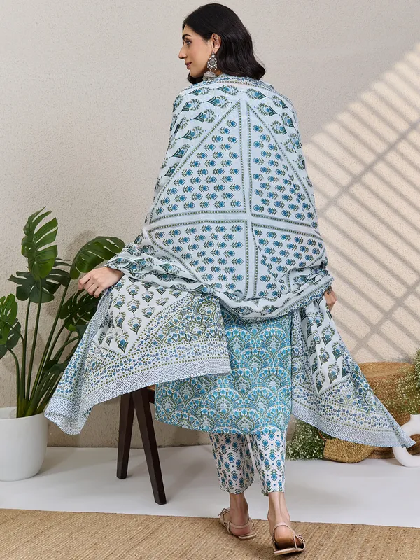 White_Printed_Pure_Cotton_Kurta_Trouser_Dupatta_Set