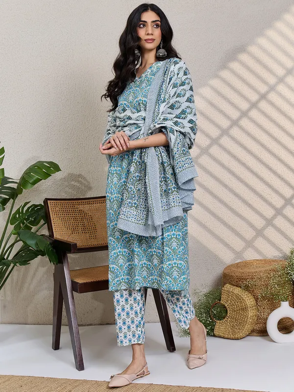 White_Printed_Pure_Cotton_Kurta_Trouser_Dupatta_Set