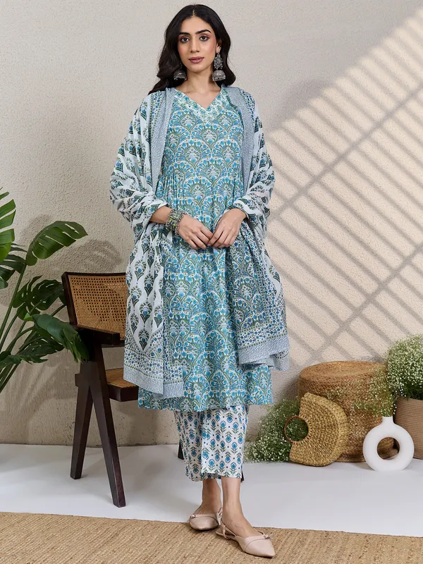 White_Printed_Pure_Cotton_Kurta_Trouser_Dupatta_Set