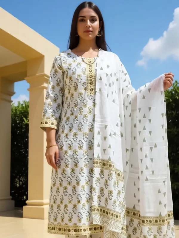 White_Printed_Pure_Cotton_Kurta_Trouser_Dupatta_Set