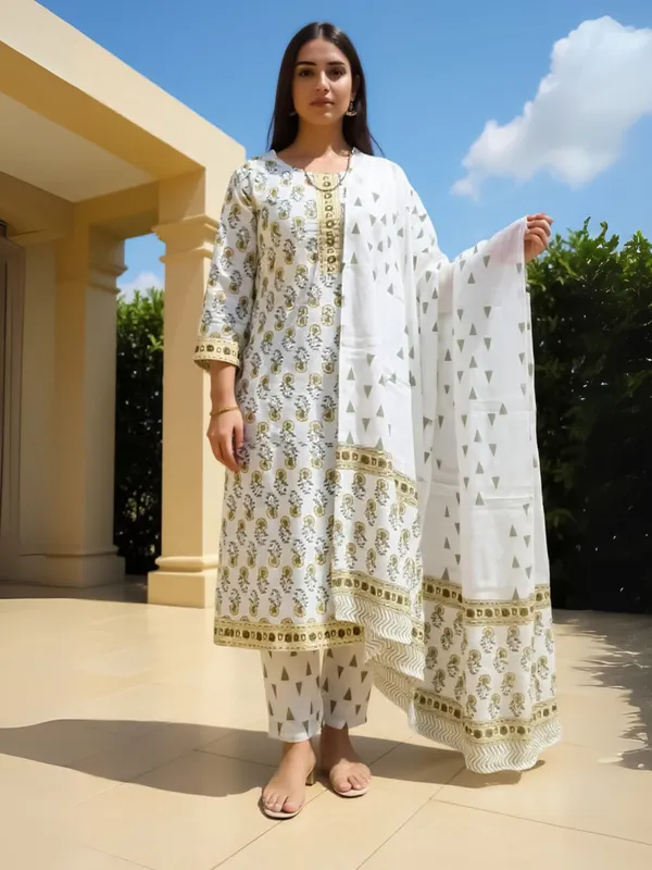 White_Printed_Pure_Cotton_Kurta_Trouser_Dupatta_Set