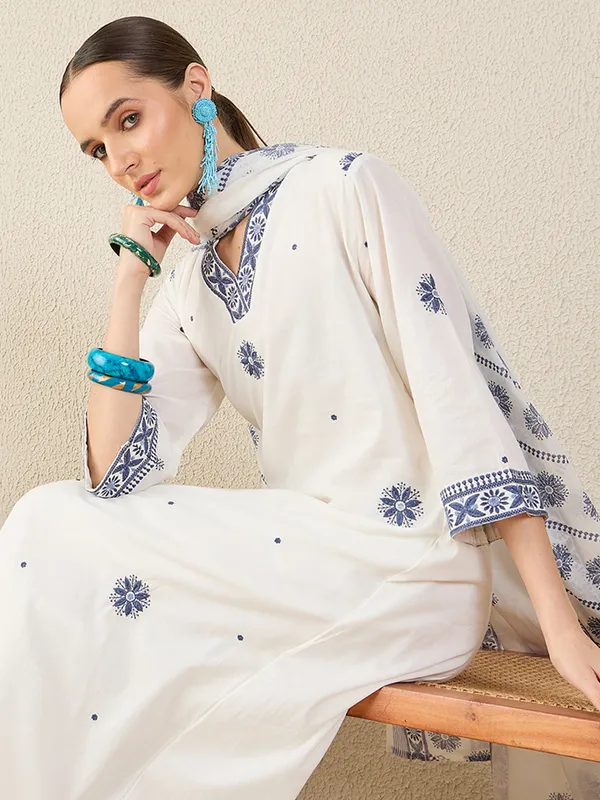 White_Pure_Cotton_Embroidered_Kurta_Trouser_Dupatta_Set