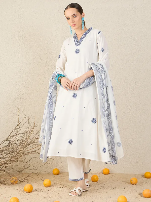 White_Pure_Cotton_Embroidered_Kurta_Trouser_Dupatta_Set