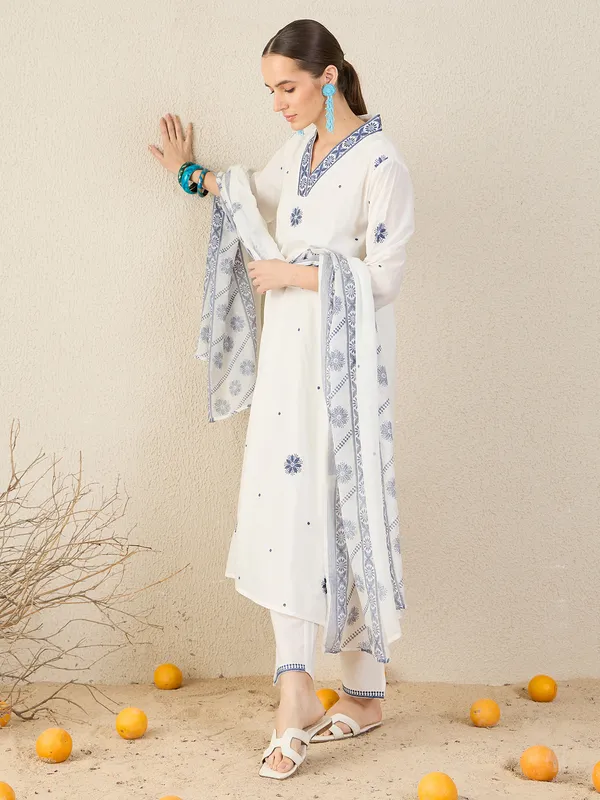 White_Pure_Cotton_Embroidered_Kurta_Trouser_Dupatta_Set