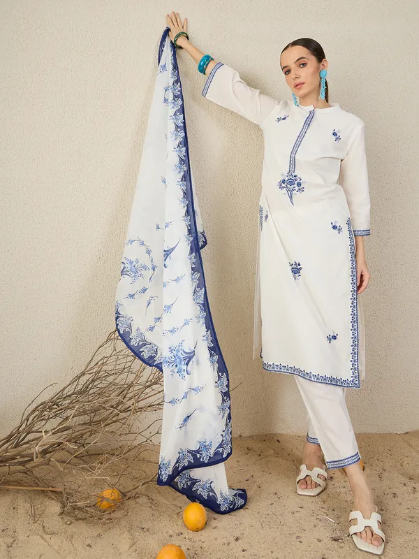 White_Embroidered_Pure_Cotton_Kurta_Trouser_Dupatta_Set