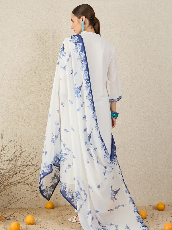White_Embroidered_Pure_Cotton_Kurta_Trouser_Dupatta_Set