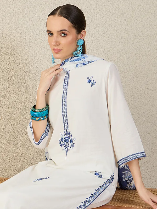 White_Embroidered_Pure_Cotton_Kurta_Trouser_Dupatta_Set