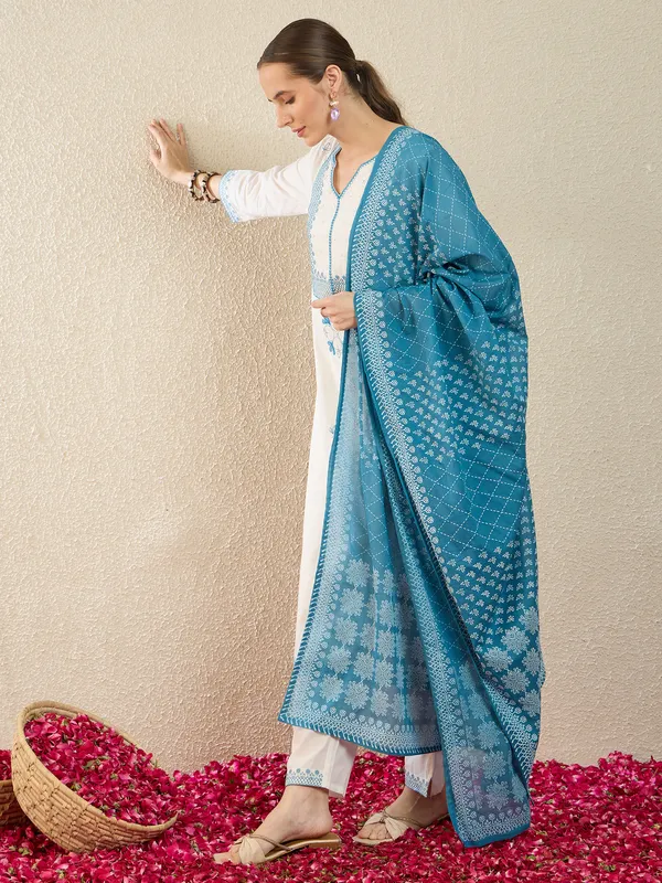 White_Pure_Cotton_Embroidered_Kurta_Trouser_Dupatta_Set
