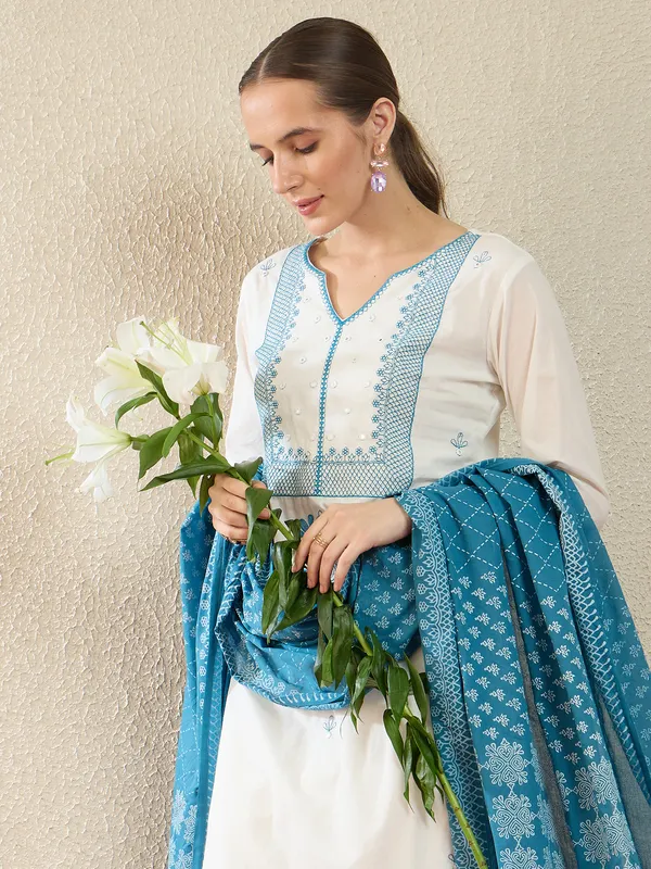 White_Pure_Cotton_Embroidered_Kurta_Trouser_Dupatta_Set