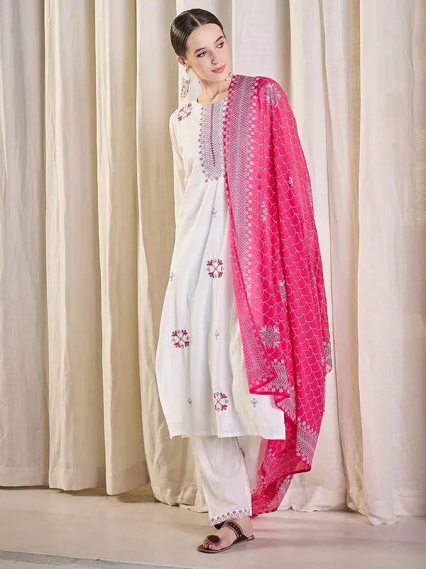 White_Pure_Cotton_Embroidered_Kurta_Trouser_Dupatta_Set