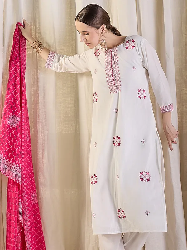 White_Pure_Cotton_Embroidered_Kurta_Trouser_Dupatta_Set