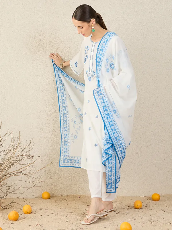 White_Pure_Cotton_Embroidered_Kurta_Trouser_Dupatta_Set