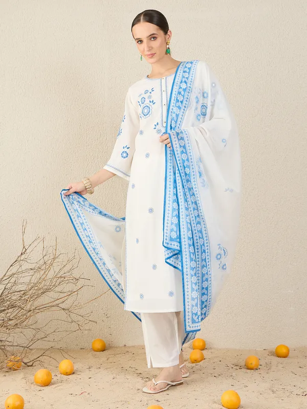 White_Pure_Cotton_Embroidered_Kurta_Trouser_Dupatta_Set