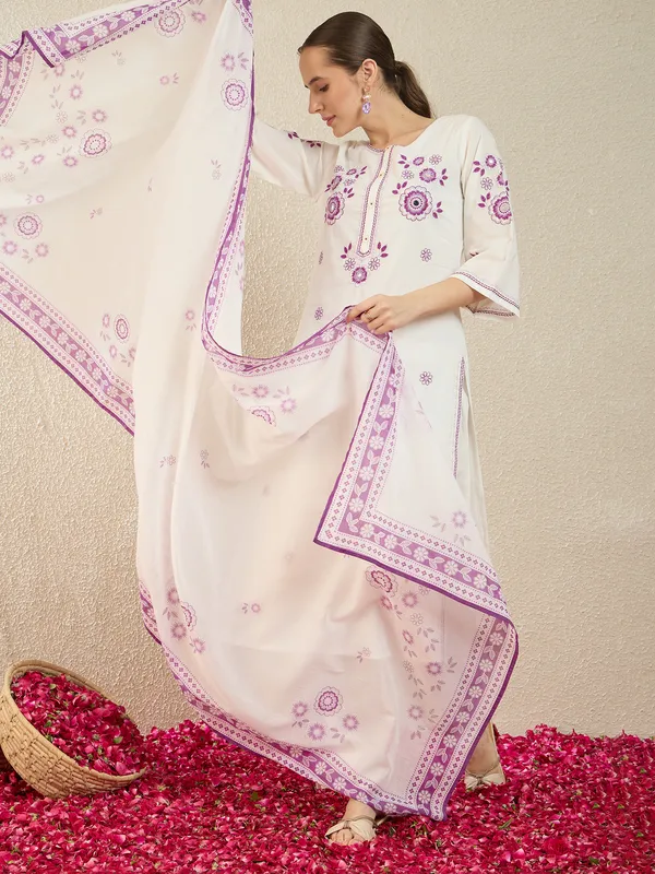 White_Embroidered_Pure_Cotton_Kurta_Trouser_Dupatta_Set