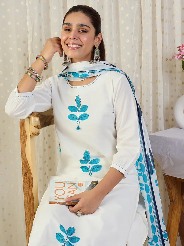 White_Printed_Pure_Cotton_Kurta_Trouser_Dupatta_Set