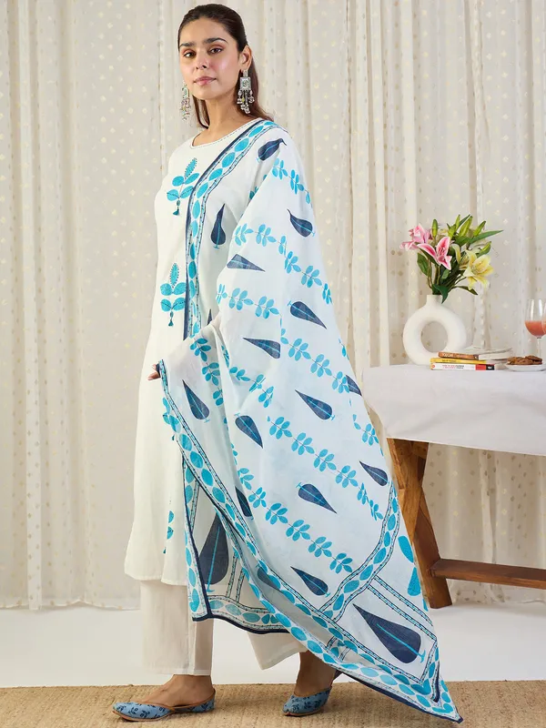 White_Printed_Pure_Cotton_Kurta_Trouser_Dupatta_Set