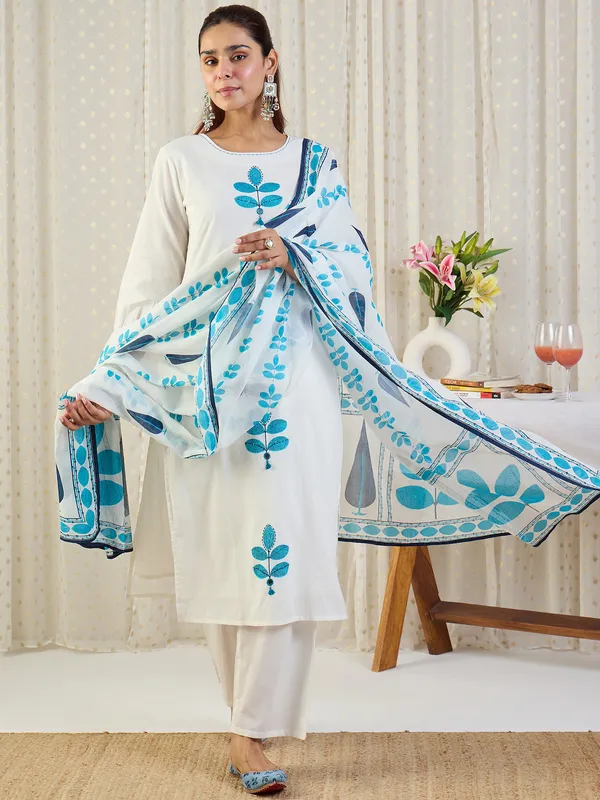 White_Printed_Pure_Cotton_Kurta_Trouser_Dupatta_Set