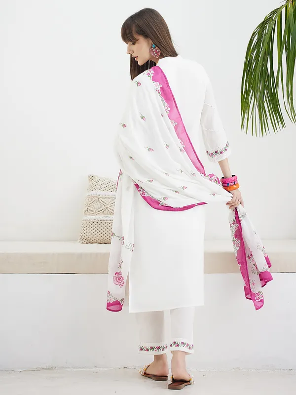 White_Embroidered_Pure_Cotton_Kurta_Trouser_Dupatta_Set