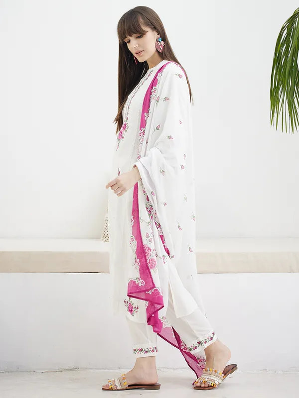 White_Embroidered_Pure_Cotton_Kurta_Trouser_Dupatta_Set