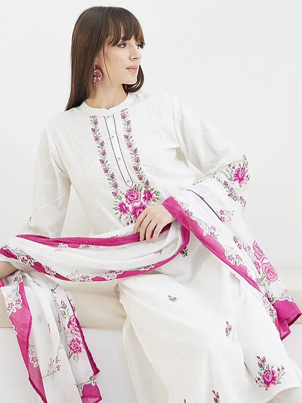 White_Embroidered_Pure_Cotton_Kurta_Trouser_Dupatta_Set