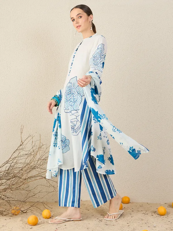 White_Pure_Cotton_Printed_Kurta_Trouser_Dupatta_Set