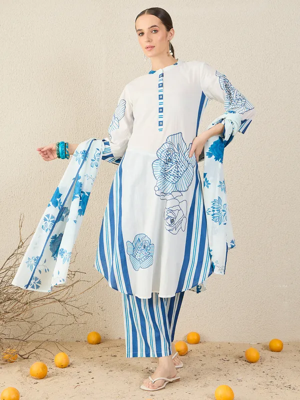 White_Pure_Cotton_Printed_Kurta_Trouser_Dupatta_Set