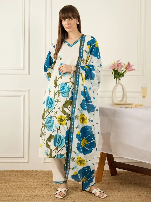 White_Pure_Cotton_Printed_Kurta_Trouser_Dupatta_Set