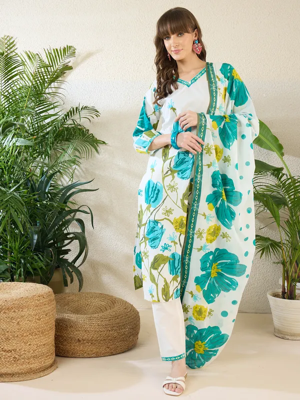 White_Printed_Pure_Cotton_Kurta_Trouser_Dupatta_Set